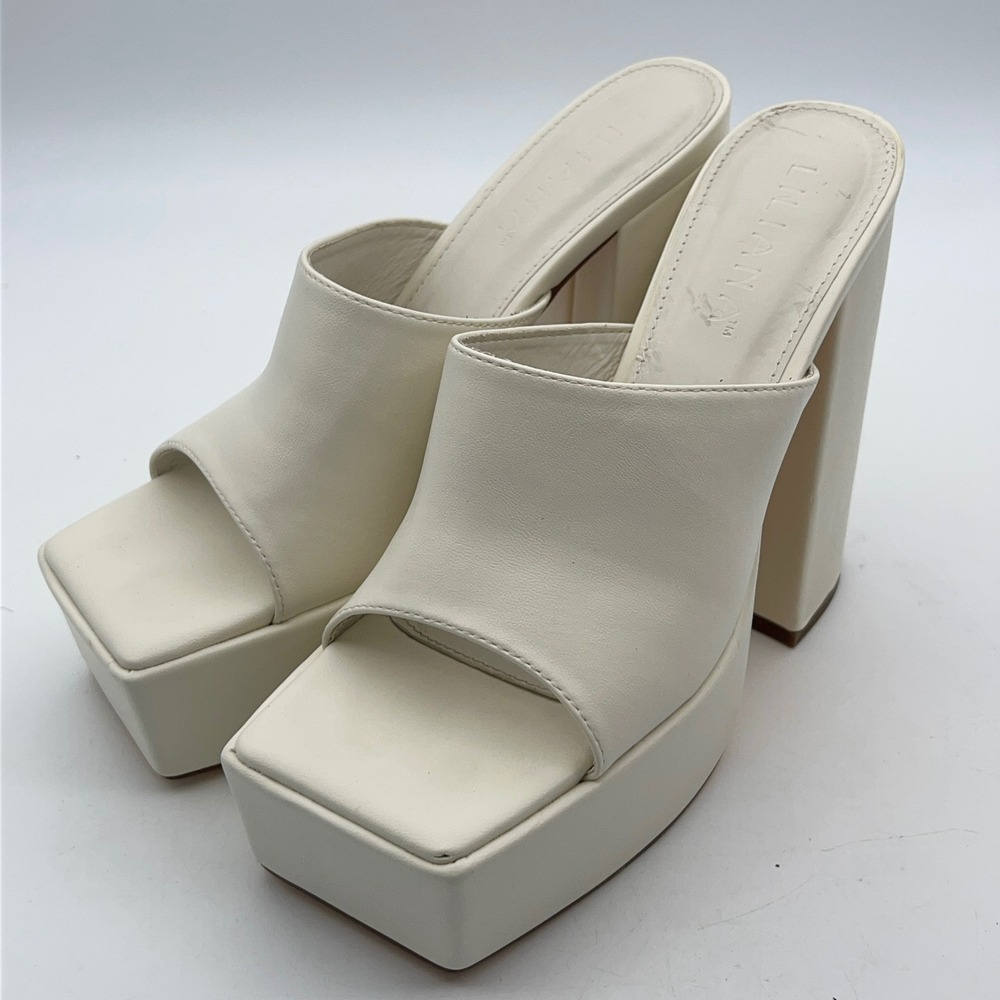 Liliana‎ Off White Platform Mule Sandals Square Toe Chunky Block Heel Womens 8